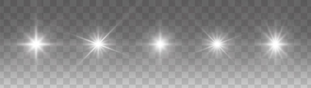 Set of glowing white light stars on a transparent background Shining sun star explodes and flash