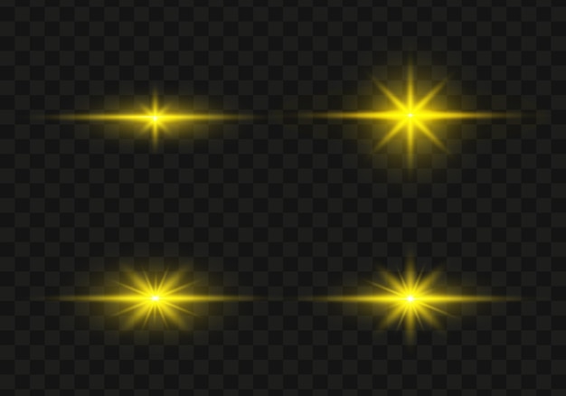 Set of glowing yellow light stars on a transparent background. Shining sun, star explodes and flash.