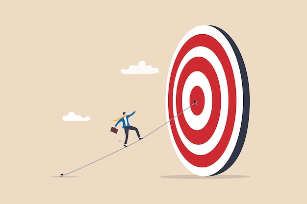 Set goal and take action to achieve goal or target aiming or motivation to grow business and success effort or skill to reach goal concept businessman walking on the line aiming at target bullseye