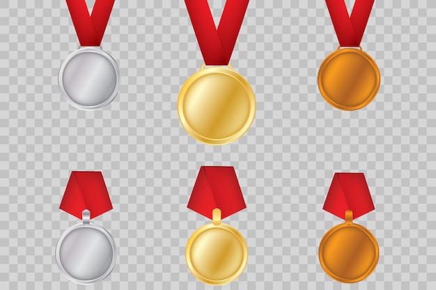 Set of gold, bronze and silver. Award medals isolated on transparent background. Vector illustration of winner concept.