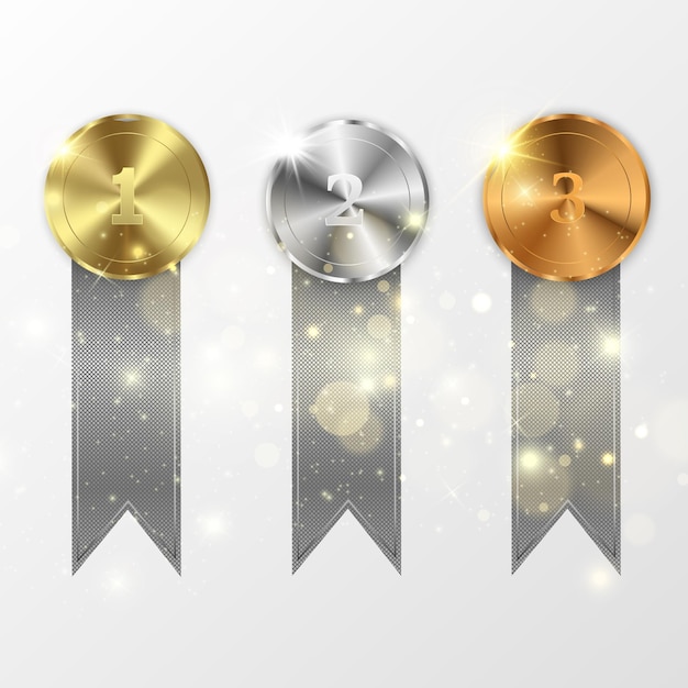 Set of gold, bronze and silver. Award medals isolated on transparent background.