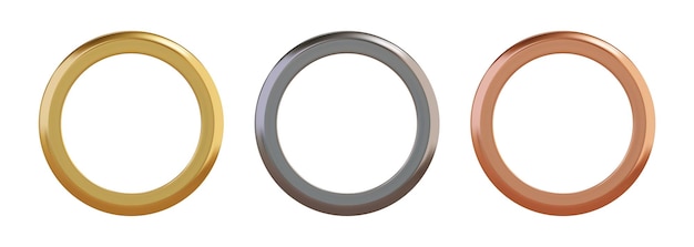 Set of gold cilver and copper metal grommet rings for paper card tag sticker or hanger isolated on white background