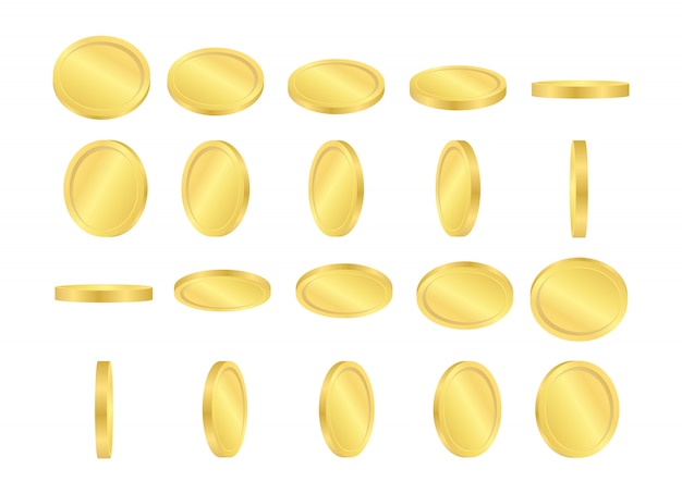 A set of gold coins in motion in different positions.