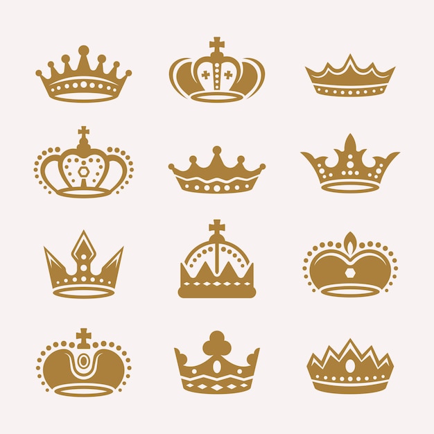 Set of gold crowns isolated vector icons