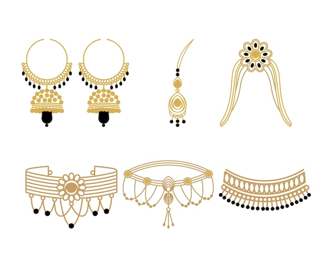 Set of gold earrings and necklaces Vector illustration