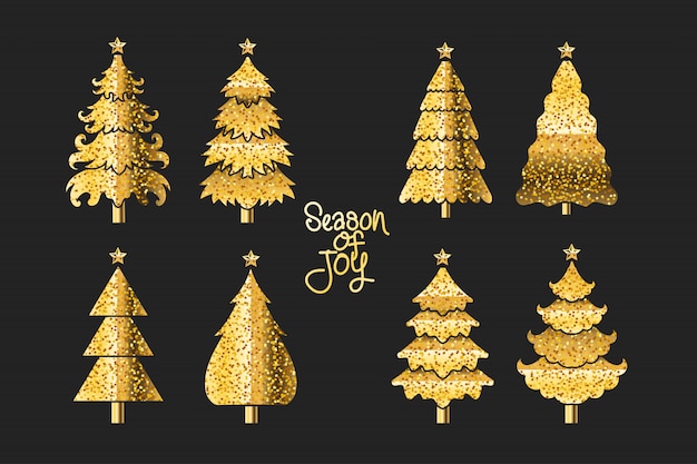 Set of gold illustration Christmas tree on black background