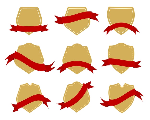 A set of gold shield badges with red ribbon.