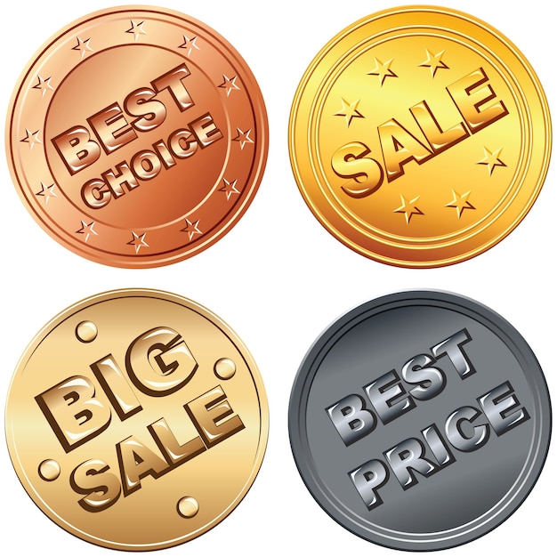 Vector set of gold, silver, bronze money coin, price and sale badges.