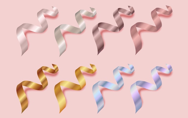 Vector set of gold silver and holographic realistic ribbons or coffetti