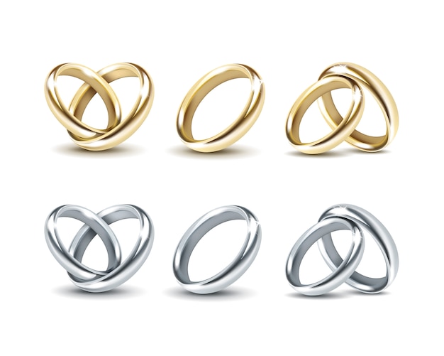 Set of Gold and Silver Wedding Rings Isolated on White