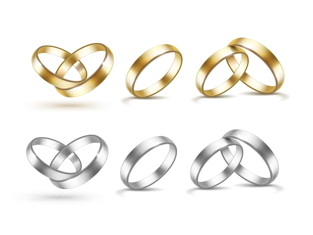 Set of Gold and Silver Wedding Rings Isolated on White