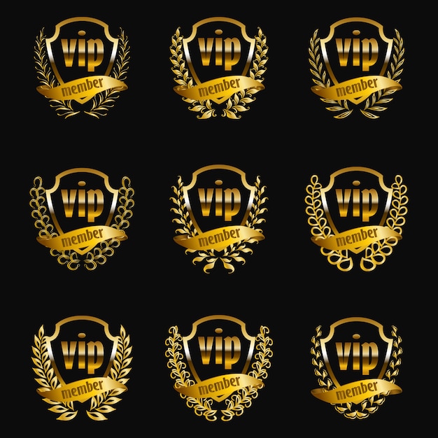 Set of gold vip monograms for graphic design on black background.