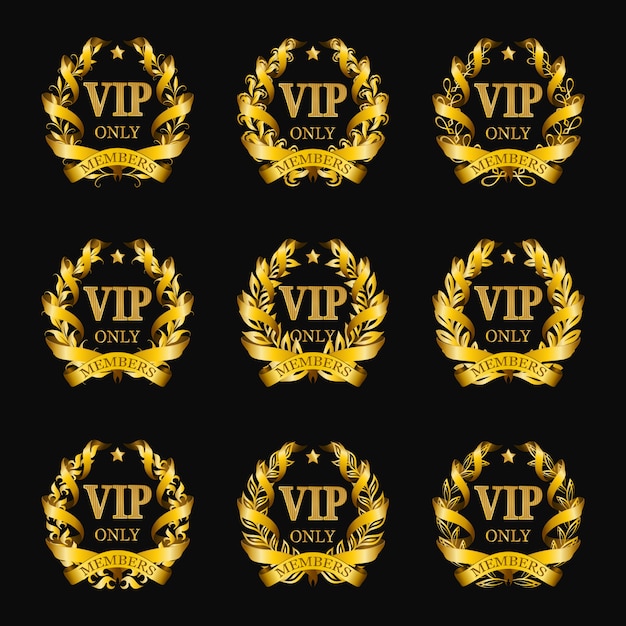 Set of gold vip monograms for graphic design on black background.