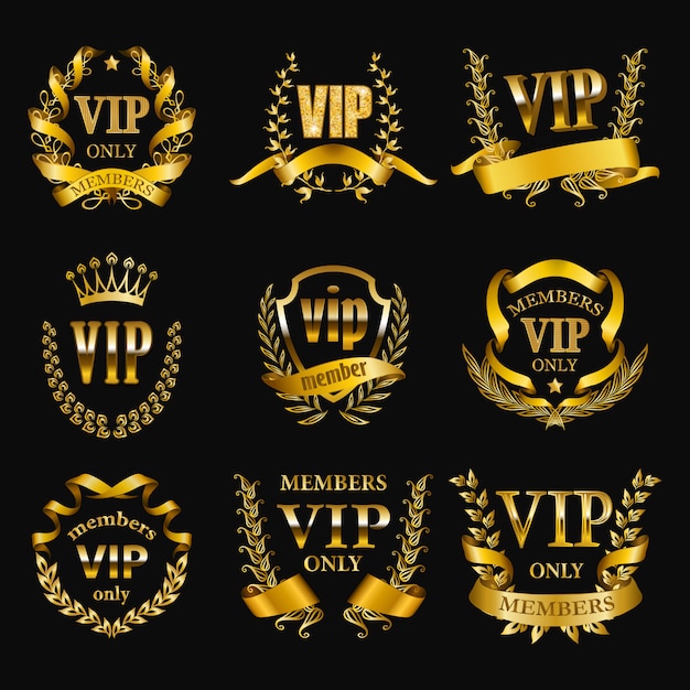 Set of gold vip monograms for graphic design on black