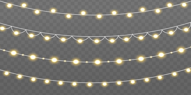 Set of gold xmas glowing garland with sparks Yellow light bulbs with sparkles Led neon lamp Vector