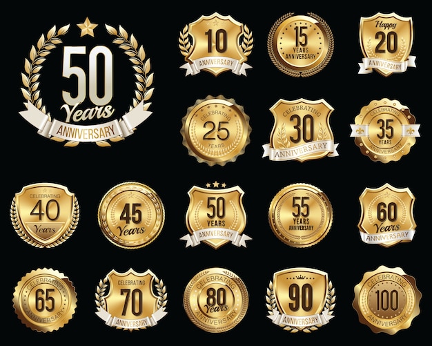 Set of Golden Anniversary Badges. Set of Golden Anniversary Signs