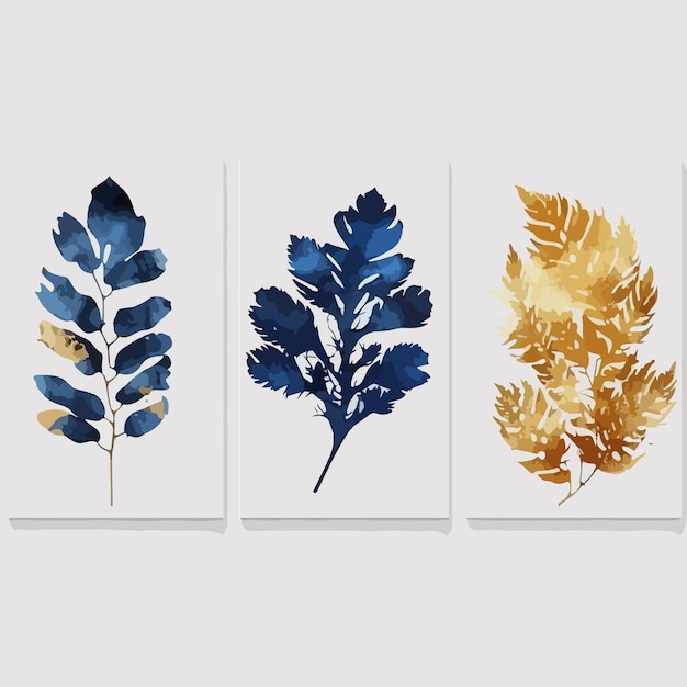 Set of golden and blue tree leaves on white background