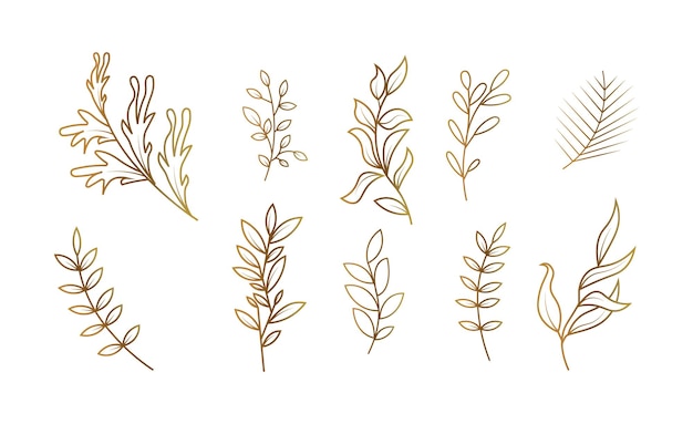 Set of golden branches leaves