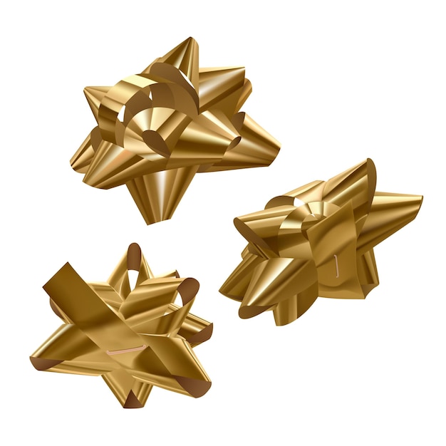 Set of golden, festive bows in different angles on white background,   illustration