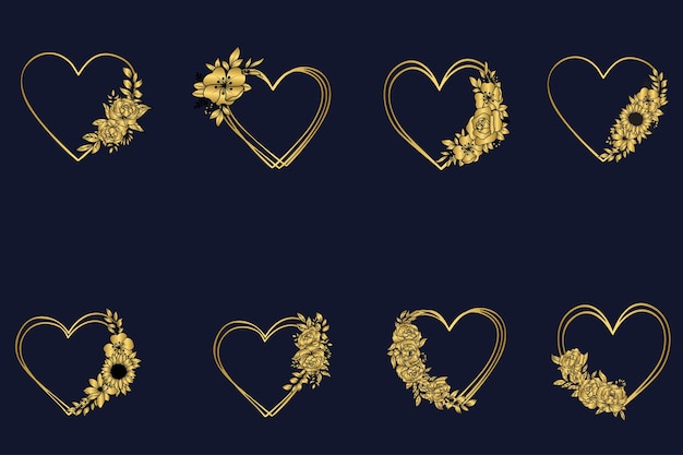 Vector set of golden floral heart frame decorative heart flower frames