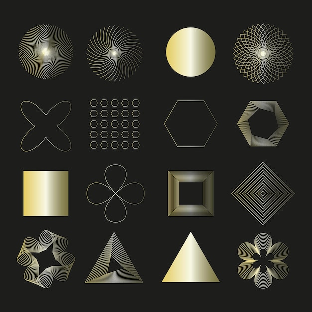 Set of golden geometric elements and shapes from thin line on black background