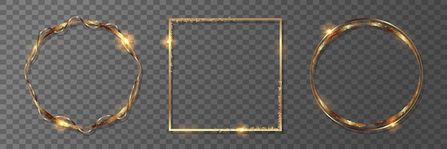 Set of golden geometric frames Round and square golden frame on a transparent background