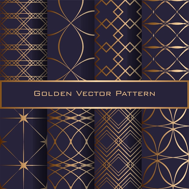 Set of Golden Geometric Seamless Patterns Blue background