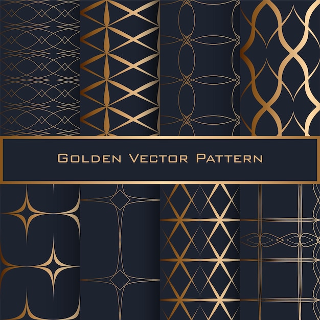 Set of Golden Geometric Seamless Patterns Blue background