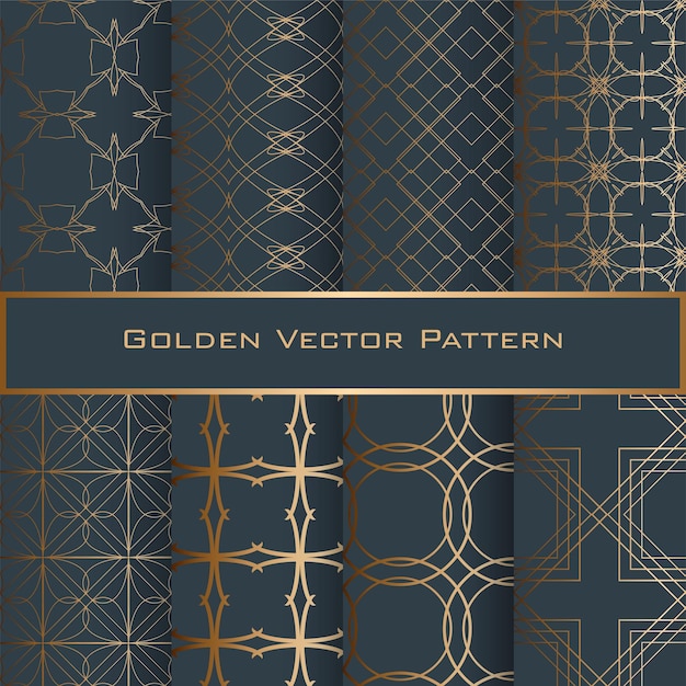 Set of Golden Geometric Seamless Patterns Green background