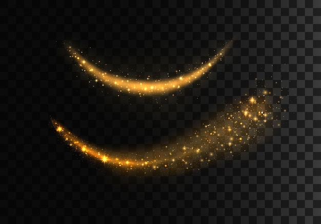 Set of golden, glittering magic vector waves with gold particles isolated.  Sparkling light trails.