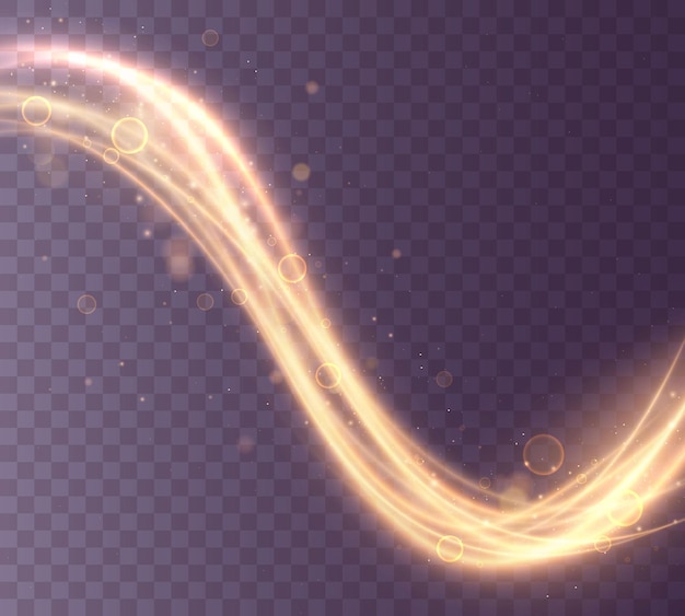 Set of golden, glittering magic waves with gold particles isolated on transparent background.  Sparkling light trails. Futuristic Flash. Glowing shiny spiral lines effect.