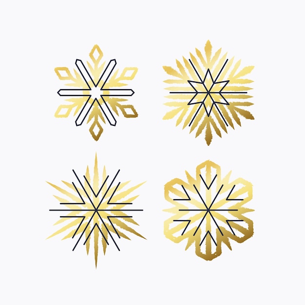 Set of golden and line stylized snowflakes, Christmas and New Year design elements, decorations.