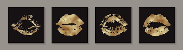 Vector set of golden shiny glittering lips or kisses on a black background