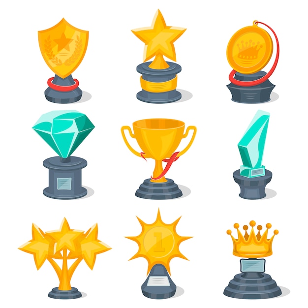 Set of golden trophy cups and awards