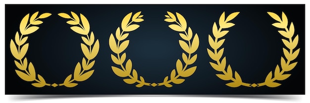 Set of golden vector laurel wreaths on black background, laurel foliate silhouette laurel wreath