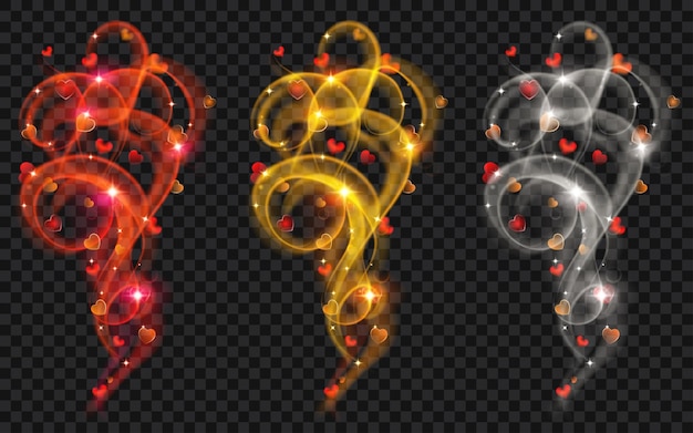 Vector set of golden white and red swirls of glittering lines with hearts on transparent background