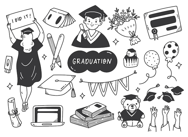 Set of Graduation Doodle Line Art Vector Illustration