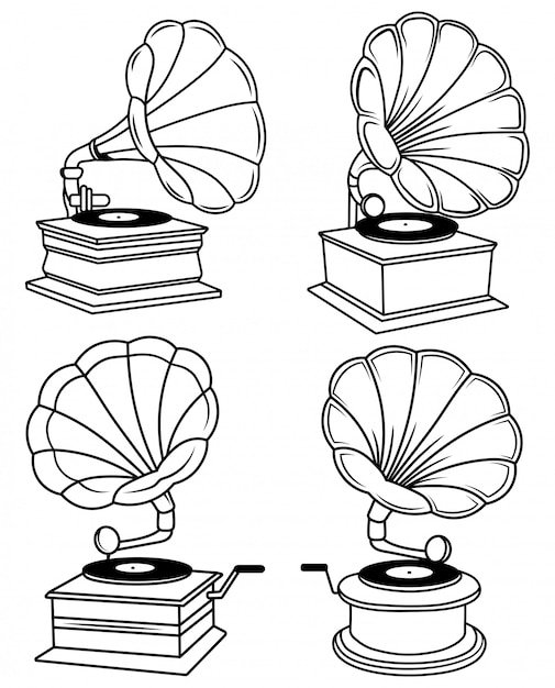 Set of gramophones. Сollection of retro gramophones for music records. Set of vinyl players.