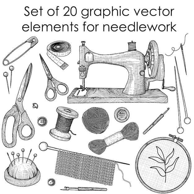 Set graphic elements for needlework Sewing machine knitting needles knitting hook