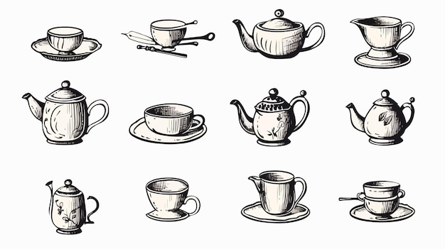 Vector set of graphic elements teapot cups and saucer drawn