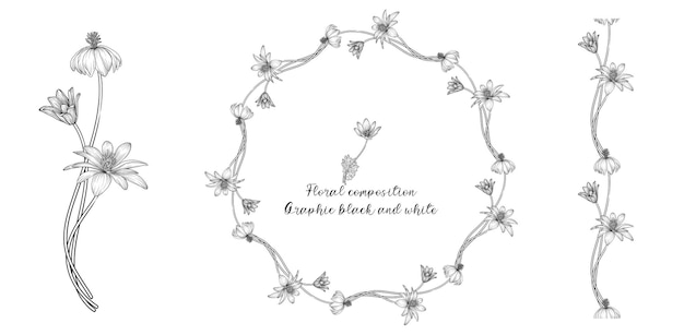 A set of graphic floral compositions with black and white delicate flowers.