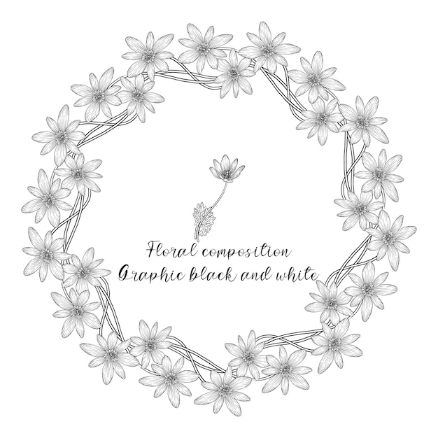 A set of graphic floral compositions with black and white delicate flowers