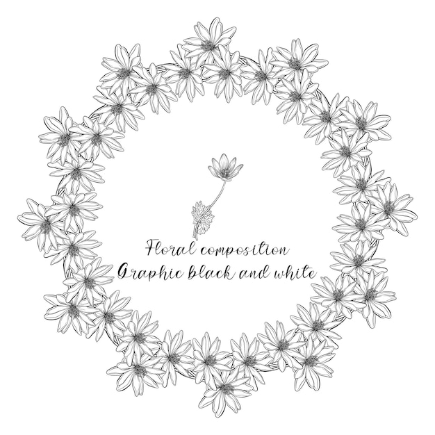 A set of graphic floral compositions with black and white delicate flowers