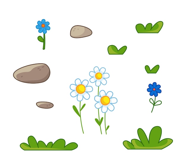 Set of grass stones chamomile flowers Vector illustration in cartoon style Isolated fun clipart