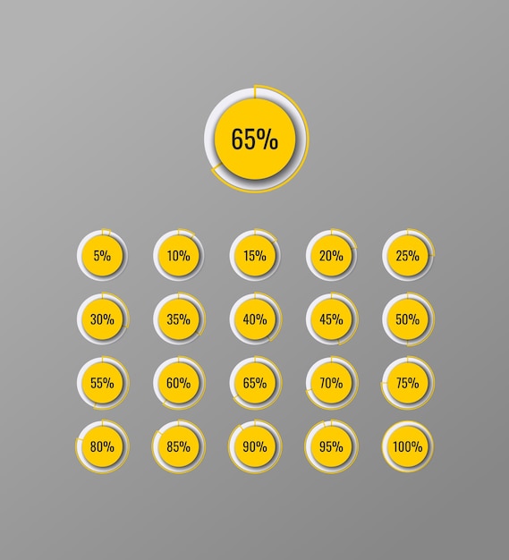 Set of gray business infographic piechart templates with round yellow elements