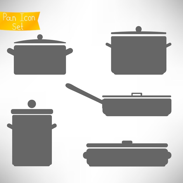 Set of gray pans to cook different dishes. Pans and pots collection isolated on white.