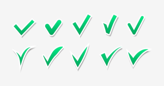 Set of green checkmarks on gray background, vector icons