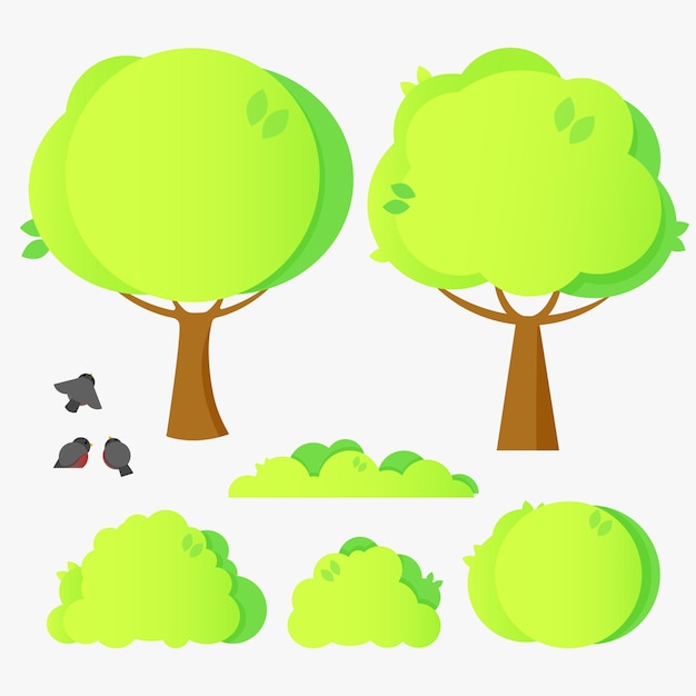 Set of green city trees and bushes with bullfinches