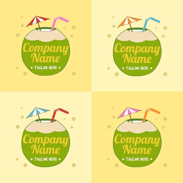 Set of green Coconut drink logo template with umbrella and straw in light yellow background