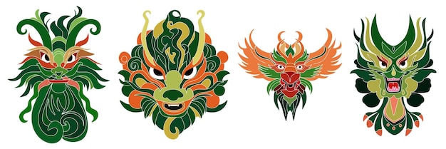 Set of green dragon's heads Hand drawn dragon head Dragon masks Symbol of 2024 year Vector